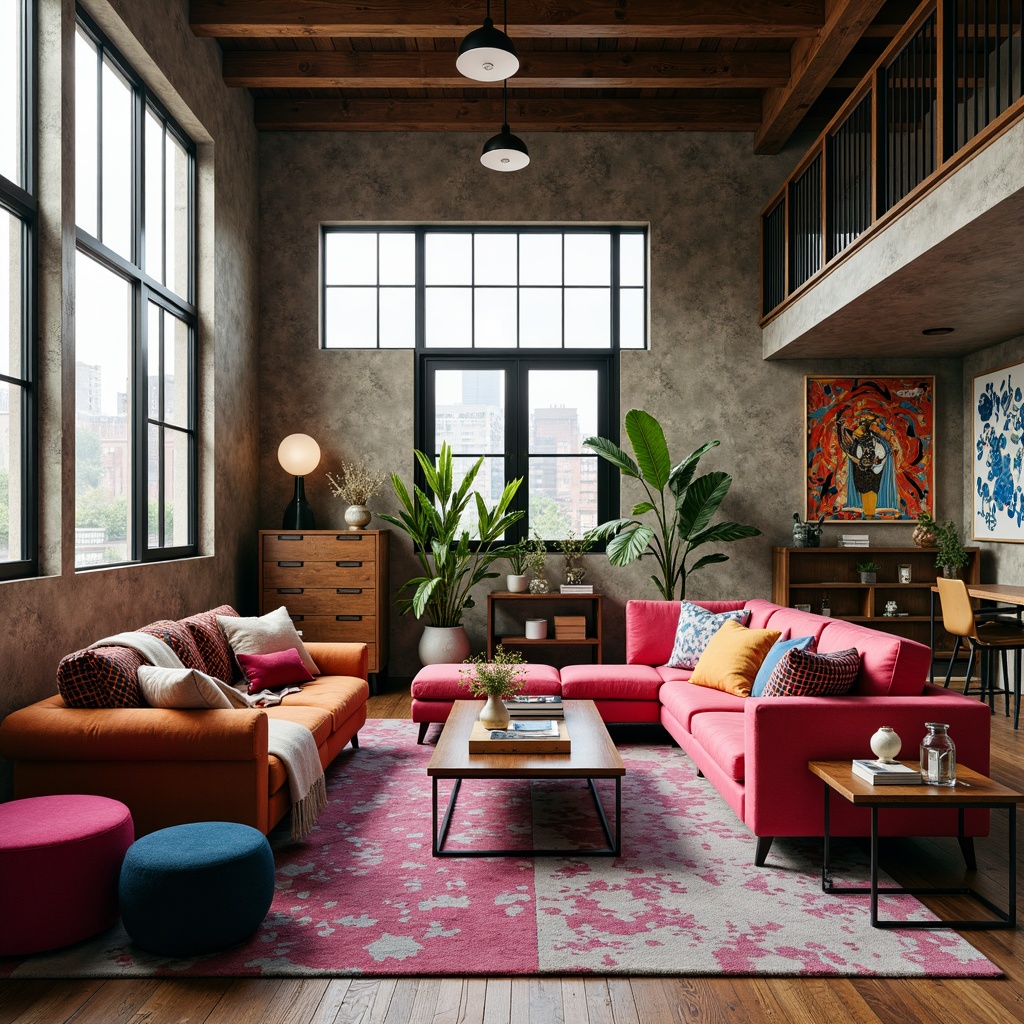 Prompt: Vibrant living room, eclectic furniture arrangement, bold color blocking, mixed patterns and textures, oversized decorative objects, asymmetrical compositions, irregular shapes, playful curves, distressed finishes, industrial materials, reclaimed wood accents, metal legs, velvet upholstery, abstract artwork, statement lighting fixtures, floor-to-ceiling windows, urban loft atmosphere, afternoon sunlight, soft focus, shallow depth of field, 1/2 composition, cinematic framing.