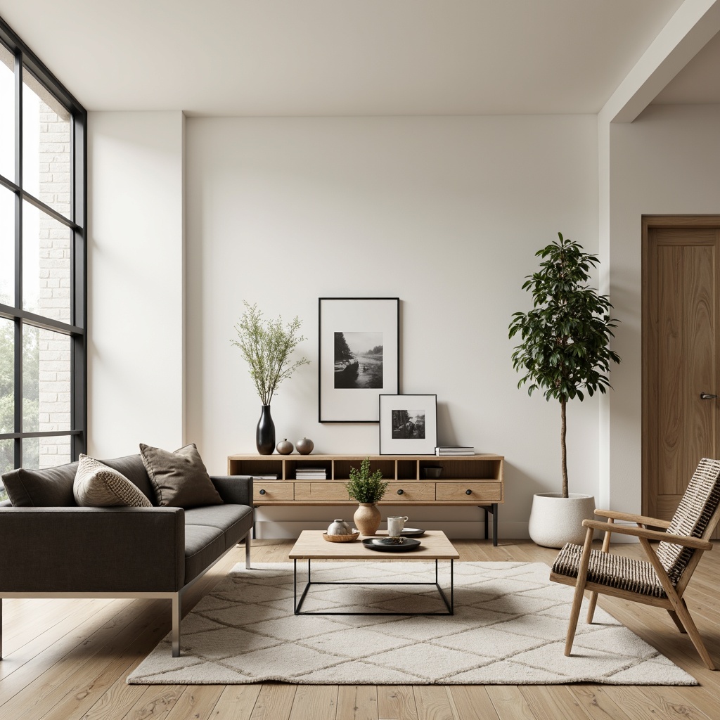 Prompt: Minimalist living room, sleek low-profile sofa, chrome metal legs, velvet upholstery, industrial-chic coffee table, reclaimed wood shelves, geometric-patterned rug, modern floor lamp, Scandinavian-inspired wooden chairs, creamy white walls, large windows, natural light, airy atmosphere, 1/1 composition, softbox lighting, realistic textures, ambient occlusion.