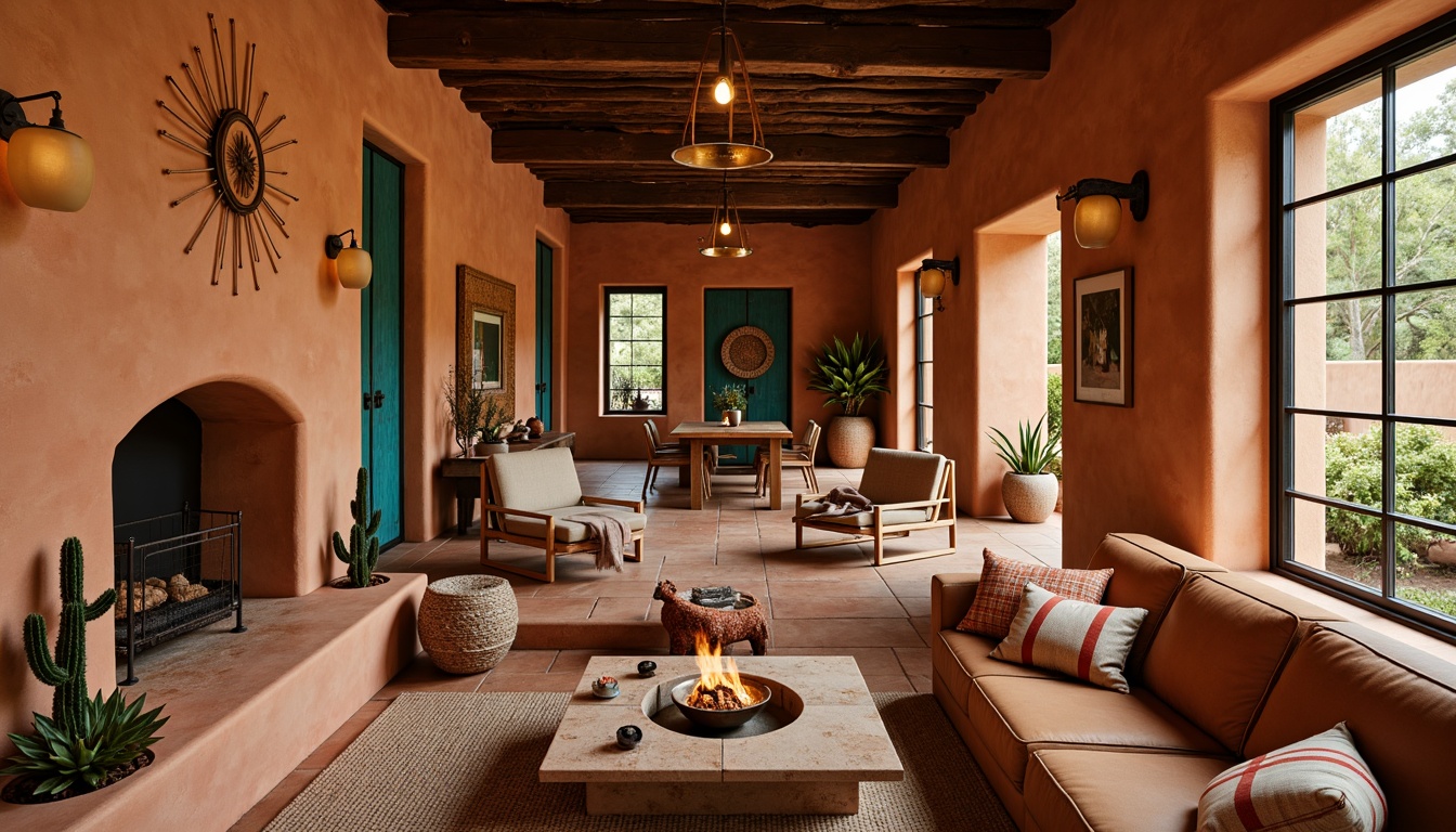 Prompt: Earthy southwestern interior, warm terracotta walls, rustic wooden accents, vibrant turquoise decorations, sandy beige floors, natural woven textiles, plush sienna upholstery, distressed leather furniture, ornate metal fixtures, warm golden lighting, soft sunset-inspired hues, bold geometric patterns, eclectic global-inspired accessories, vintage Native American artifacts, cozy fire pit, ambient candlelight, shallow depth of field, 1/1 composition, warm atmospheric perspective.