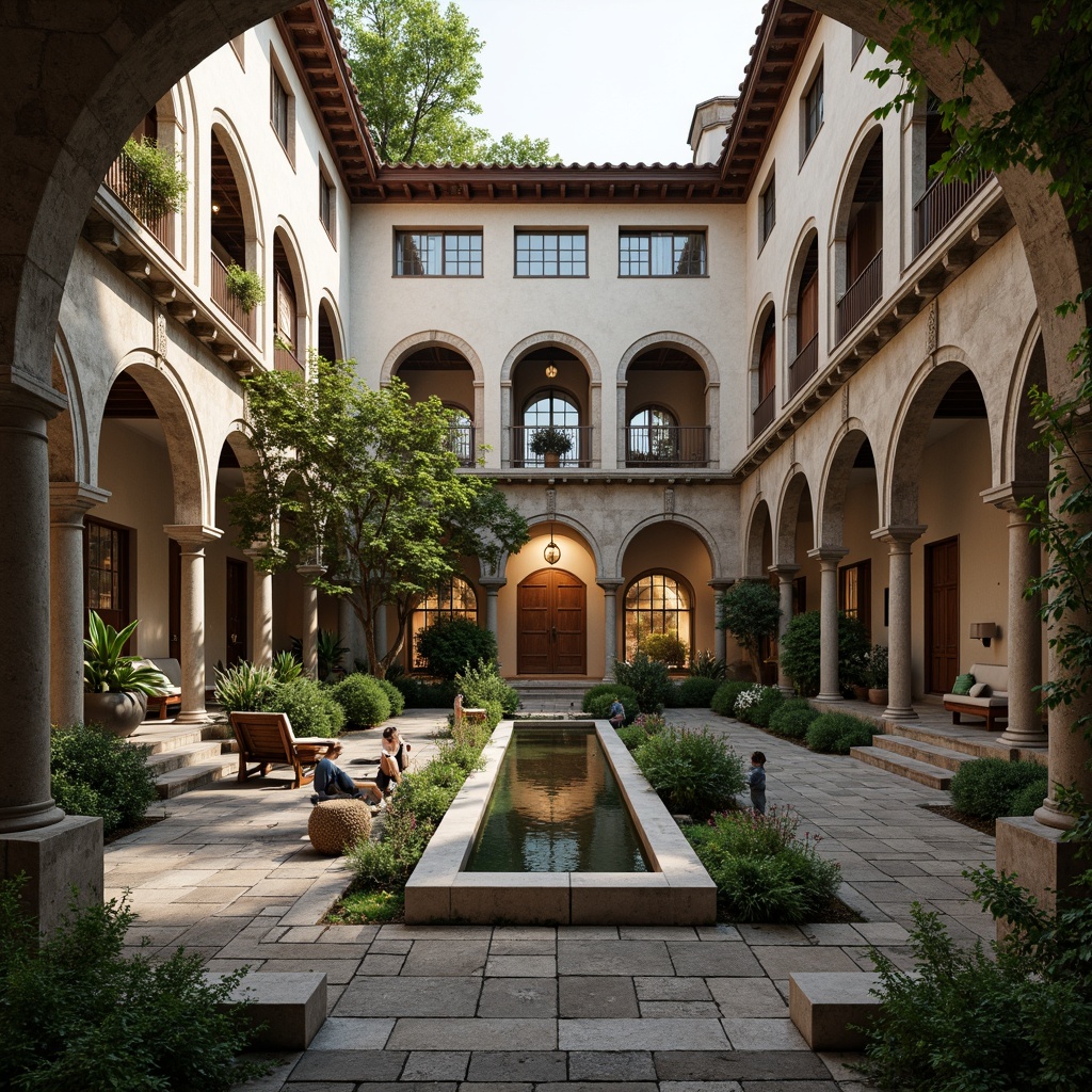 Prompt: Serene monastery courtyard, intricately carved stone walls, tranquil water features, lush greenery, peaceful cloisters, vaulted ceilings, stained glass windows, ornate wooden doors, rustic brick flooring, soft warm lighting, shallow depth of field, 3/4 composition, panoramic view, realistic textures, ambient occlusion, contemplative atmosphere, minimalist decor, subtle color palette, natural material selection, harmonious balance between old and new elements, adaptive reuse of historic structures, modern amenities integration, innovative spatial circulation solutions.