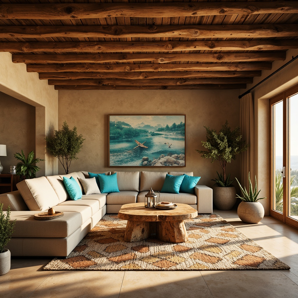 Prompt: Rustic living room, earthy tone walls, wooden beam ceiling, plush sectional sofa, vibrant turquoise accents, natural woven textiles, geometric patterned rugs, chunky wooden coffee table, vintage metal lanterns, potted cacti, warm beige floor tiles, soft golden lighting, 1/1 composition, shallow depth of field, realistic wood grain textures, ambient occlusion.