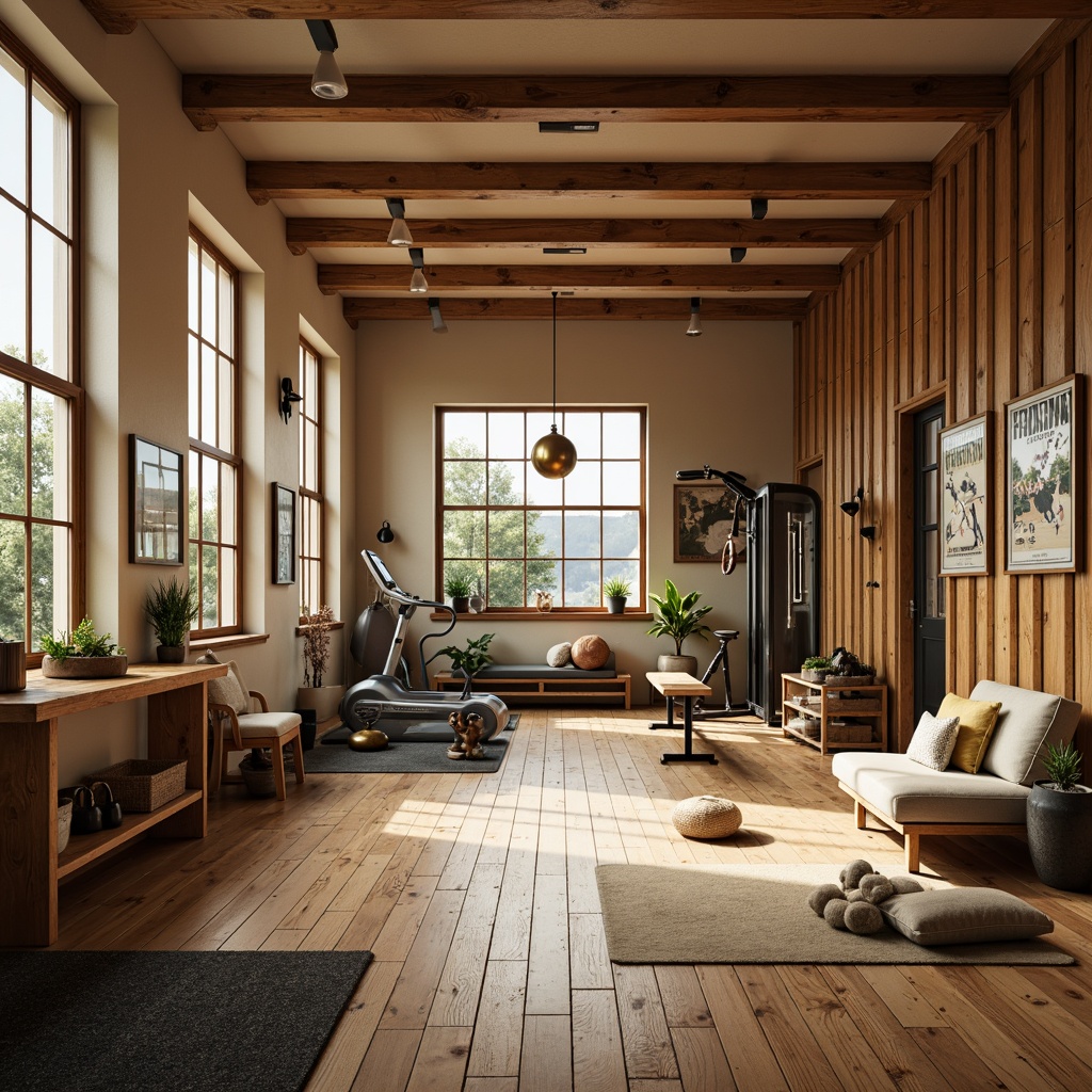 Prompt: Cozy home gym, traditional wooden flooring, warm beige walls, large windows with soft natural light, comfortable workout area, professional-grade exercise equipment, free weights, kettlebells, treadmill, stationary bike, multi-functional trainer, medicine balls, resistance bands, yoga mats, mirrored wall, rustic wooden accents, vintage-style fitness posters, calming color scheme, soft background music, shallow depth of field, 1/1 composition, realistic textures, ambient occlusion.