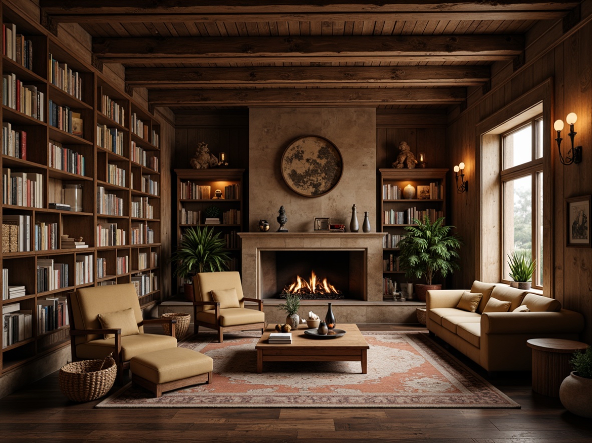 Prompt: Rustic wooden accents, exposed beams, natural stone fireplaces, cozy reading nooks, earthy color palette, distressed wood textures, ornate metalwork, classic furnishings, vintage decorative items, warm ambient lighting, soft focus, shallow depth of field, 1/1 composition, intimate setting, organic shapes, tactile materials, nostalgic atmosphere.