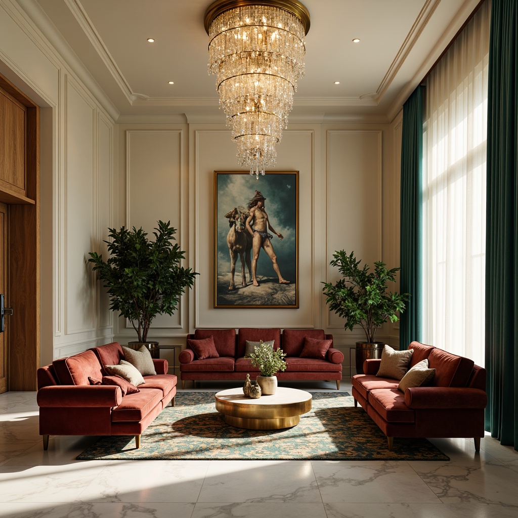 Prompt: Richly upholstered velvet sofas, luxurious marble floors, warm golden lighting, soft cream-colored walls, elegant crystal chandeliers, vibrant turquoise accents, plush area rugs, metallic gold hardware, sophisticated neutral tones, natural wood textures, subtle patterned fabrics, statement artwork pieces, dramatic floor-to-ceiling drapes, lavish greenery arrangements, moody atmospheric shadows, cinematic color grading, high-contrast ratios, 1/2 composition, shallow depth of field, soft focus blur.