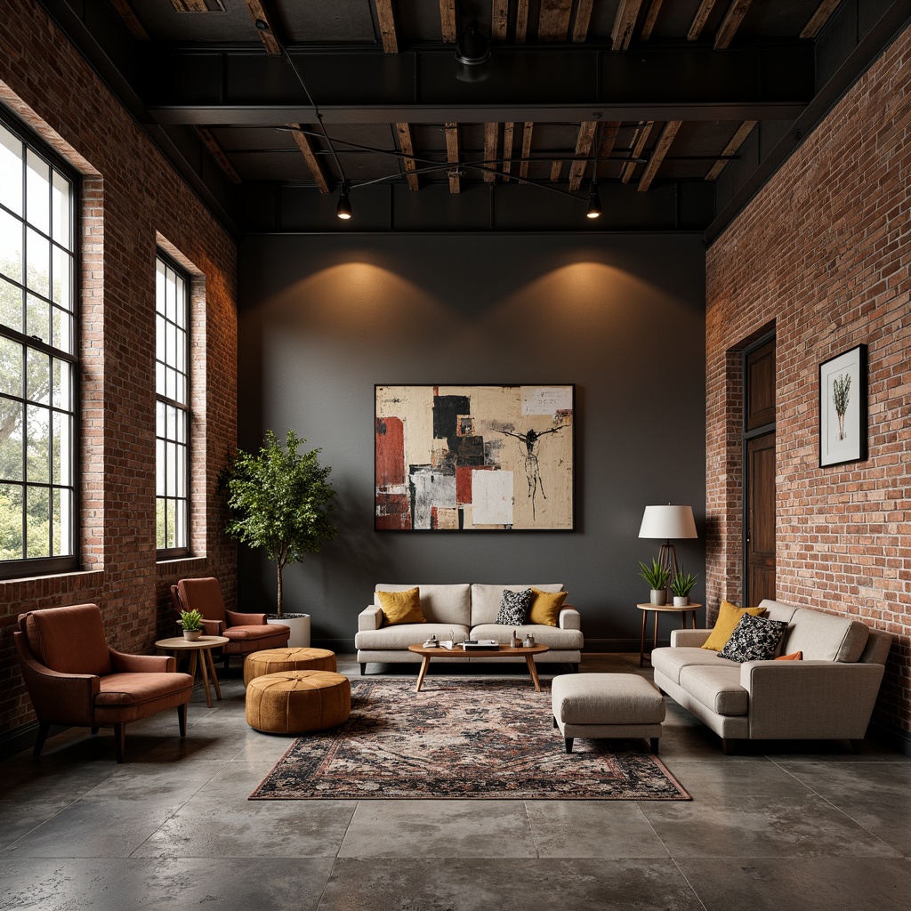 Prompt: Exposed brick walls, rough-hewn wooden planks, industrial-grade metal panels, distressed concrete surfaces, reclaimed wood accents, minimalist color palette, matte black steel beams, polished chrome fixtures, urban loft atmosphere, high ceilings, open floor plan, functional industrial lighting, modern furniture silhouettes, bold graphic patterns, rich leather textures, abstract artwork, moody warm lighting, shallow depth of field, 1/1 composition, cinematic view.