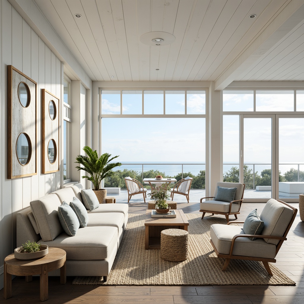 Prompt: Coastal living room, large windows, soft natural light, whitewashed walls, driftwood furniture, woven sea grass rugs, ocean-inspired color palette, calming blue hues, crisp white trim, nautical accents, porthole mirrors, linen upholstery, distressed wood textures, beachy vibe, airy atmosphere, warm sunny day, shallow depth of field, 1/1 composition, realistic renderings.