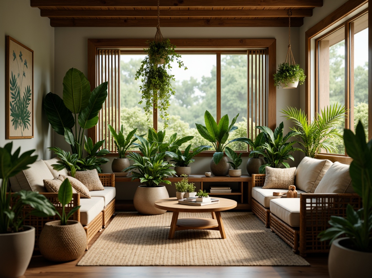 Prompt: Vibrant living room, lush greenery, potted plants, natural wood accents, wicker furniture, earthy tones, soft warm lighting, shallow depth of field, 3/4 composition, intimate atmosphere, calming ambiance, botanical patterns, organic textures, rattan decorations, hanging planters, trailing vines, tropical leaves, modern planter designs, sleek ceramic vases, minimalist decor, cozy reading nooks, relaxing color palette.