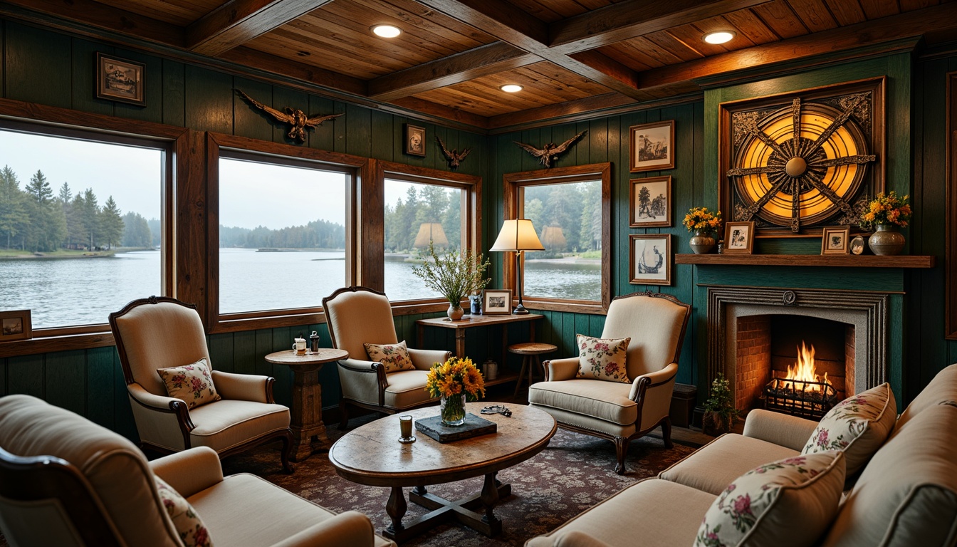 Prompt: Rustic boathouse, distressed wood accents, vintage nautical decorations, ornate Victorian details, rich jewel tones, emerald green walls, navy blue trim, warm golden lighting, soft beige fabrics, plush velvet upholstery, intricate wooden carvings, polished brass fixtures, stained glass windows, floral patterns, whimsical wall murals, cozy reading nooks, comfortable oversized furniture, natural stone fireplaces, serene lake views, misty morning atmosphere, warm soft focus, 1/1 composition, cinematic lighting, realistic reflections.