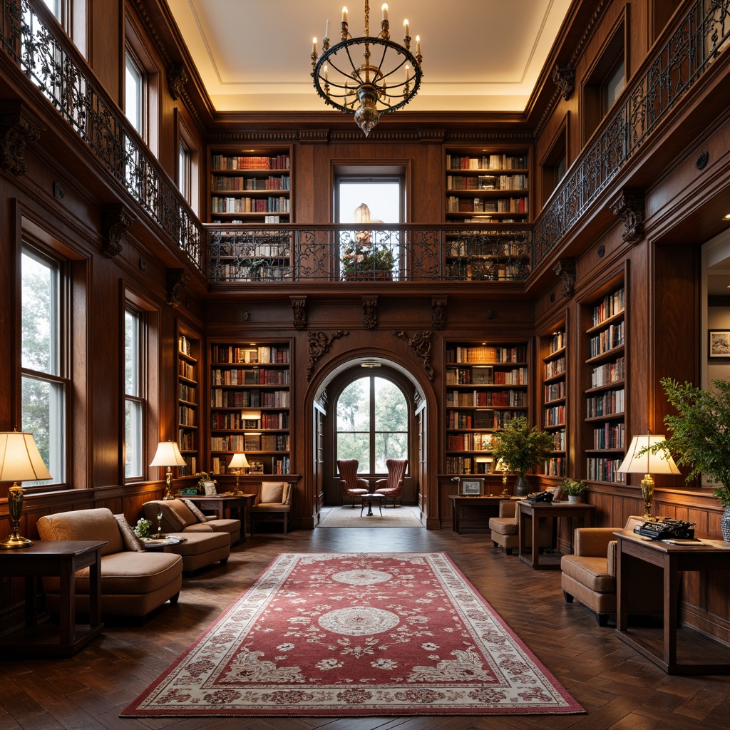 Prompt: Elegant bookshelves, ornate carvings, rich wood tones, leather-bound tomes, vintage typewriters, classic novels, author portraits, soft warm lighting, comfortable reading nooks, plush armchairs, intricately patterned rugs, subtle gold accents, creamy white walls, tall ceilings, grand chandeliers, symmetrical composition, shallow depth of field, 2/3 camera angle, realistic textures, ambient occlusion.