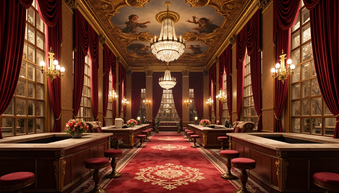 Prompt: Rich velvet drapes, ornate gold frames, luxurious red carpeting, intricately carved wooden panels, grand crystal chandeliers, opulent marble countertops, lavish satin upholstery, intricate fresco ceilings, dramatic spotlights, warm golden lighting, shallow depth of field, 1/2 composition, ornamental details, realistic textures, ambient occlusion.