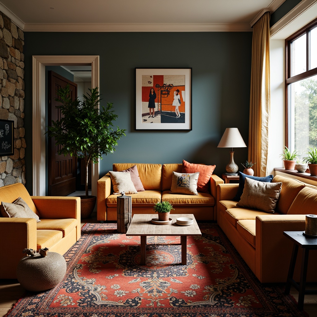 Prompt: Vibrant living room, eclectic furniture, bold patterned rug, rich wood accents, warm golden lighting, soft velvet textures, plush throw pillows, abstract art pieces, natural stone wall features, industrial metal decor, earthy terracotta vases, moody blue-grey walls, creamy white trim, 1/3 composition, atmospheric misty effect, cinematic color grading.