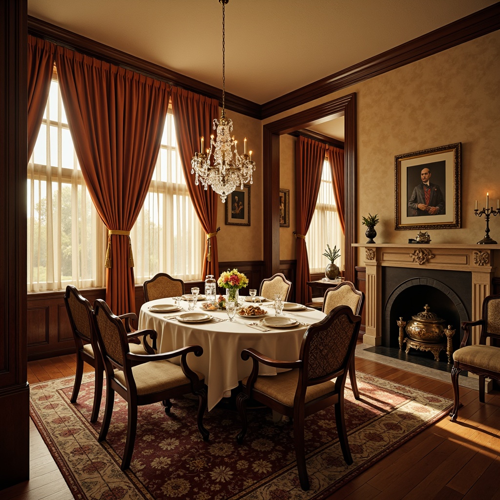 Prompt: Traditional dining room, rich wood furniture, ornate carvings, luxurious fabrics, velvet drapes, crystal chandeliers, classic artwork, subtle patterns, warm beige walls, polished wooden floors, elegant table settings, fine china displays, decorative centerpieces, candles and flowers, soft warm lighting, shallow depth of field, 3/4 composition, realistic textures.