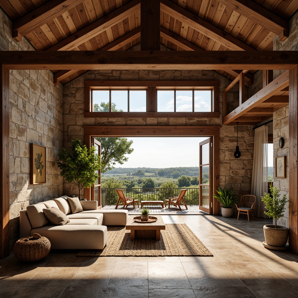 Prompt: Rustic farmhouse, wooden beams, high ceilings, large windows, sliding glass doors, natural stone walls, earthy color palette, woven textiles, vintage decor, rural landscape views, sunny day, soft warm lighting, shallow depth of field, 3/4 composition, panoramic view, realistic textures, ambient occlusion.