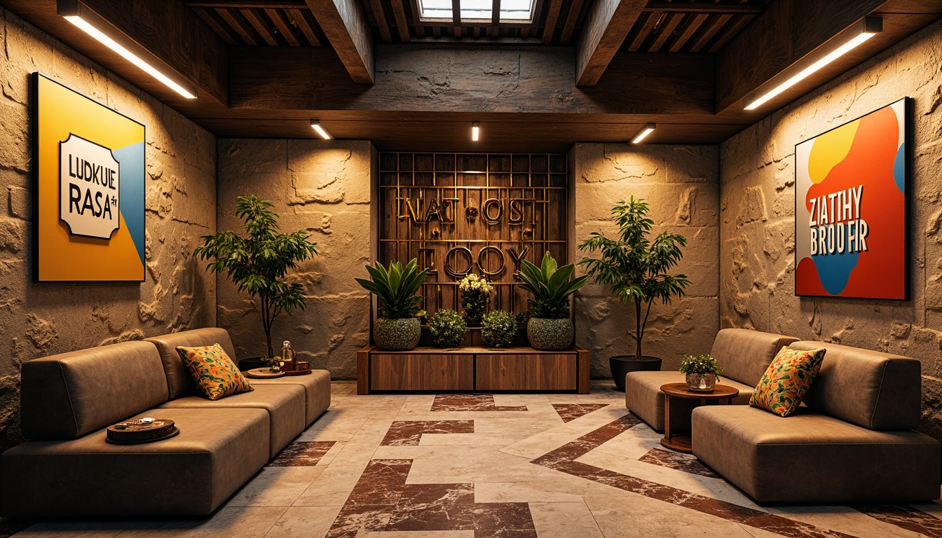 Prompt: Rough-hewn stone walls, distressed finishes, ornate metalwork, vibrant color blocking, irregular shapes, playful typography, eclectic decorative elements, asymmetrical compositions, bold geometric patterns, abstract art pieces, richly veined marble, warm golden lighting, dramatic shadows, high-contrast textures, 1/2 composition, cinematic atmosphere, surrealistic ambiance.