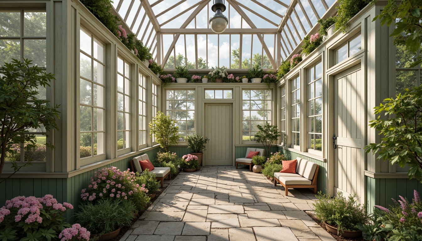 Prompt: Whimsical greenhouse, distressed wood accents, vintage metal frames, soft sage green walls, creamy white trim, muted floral patterns, pastel pink hues, weathered stone floors, lush greenery, natural light, warm sunny day, soft focus, shallow depth of field, 1/1 composition, intimate atmosphere, romantic ambiance.