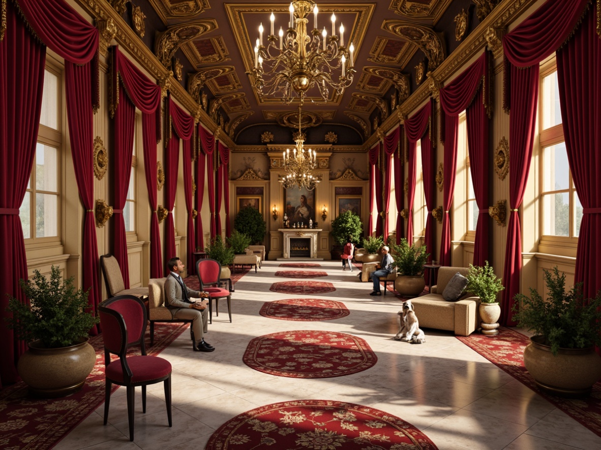 Prompt: Luxurious velvet drapes, intricate golden ornaments, ornate wooden panels, richly patterned rugs, grandiose chandeliers, opulent marble floors, lavish silk fabrics, dramatic red curtains, majestic high ceilings, elaborate fresco paintings, Baroque-inspired architectural details, warm soft lighting, shallow depth of field, 1/1 composition, realistic textures, ambient occlusion.