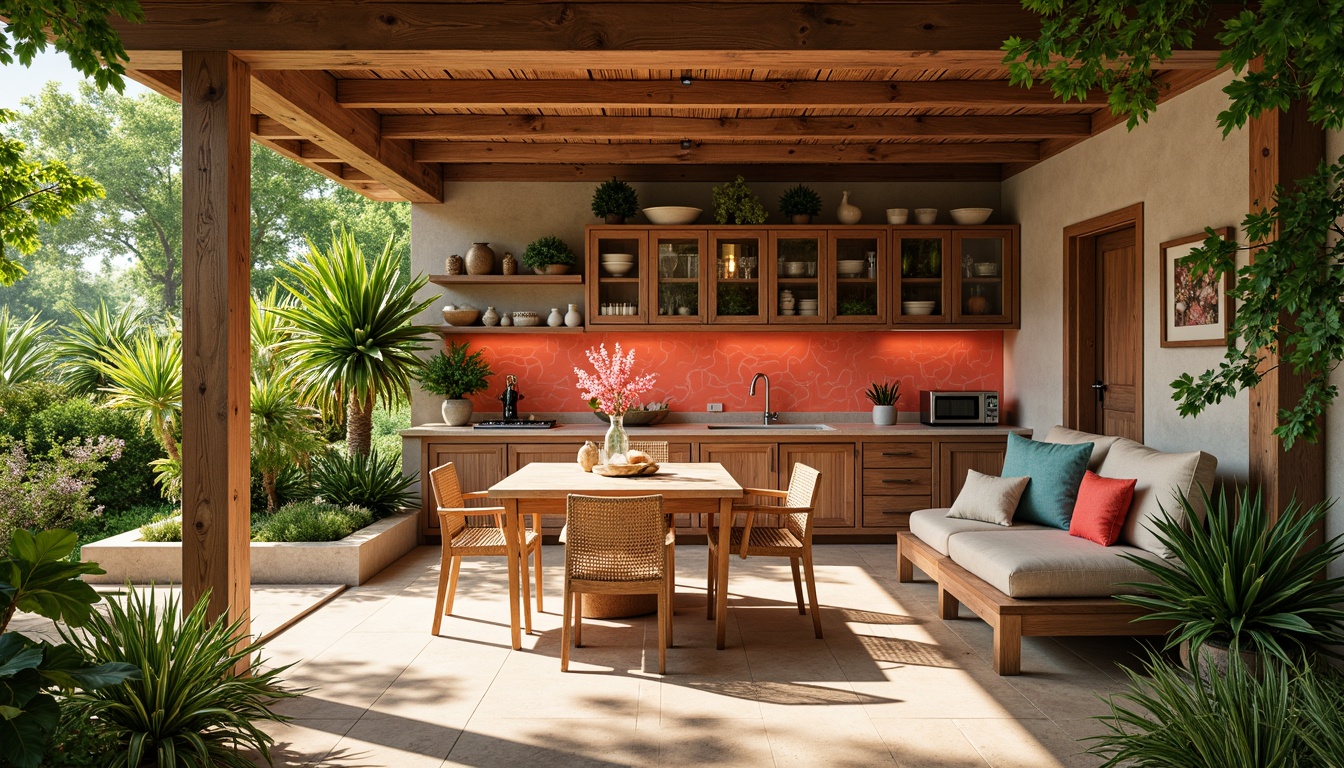 Prompt: Vibrant tropical kitchen, bright coral backsplash, lush greenery, exotic flowers, natural stone countertops, reclaimed wood cabinetry, woven rattan furniture, warm beige flooring, ocean-inspired glass tiles, shell-shaped decorative accents, sunny day, soft warm lighting, shallow depth of field, 3/4 composition, panoramic view, realistic textures, ambient occlusion.