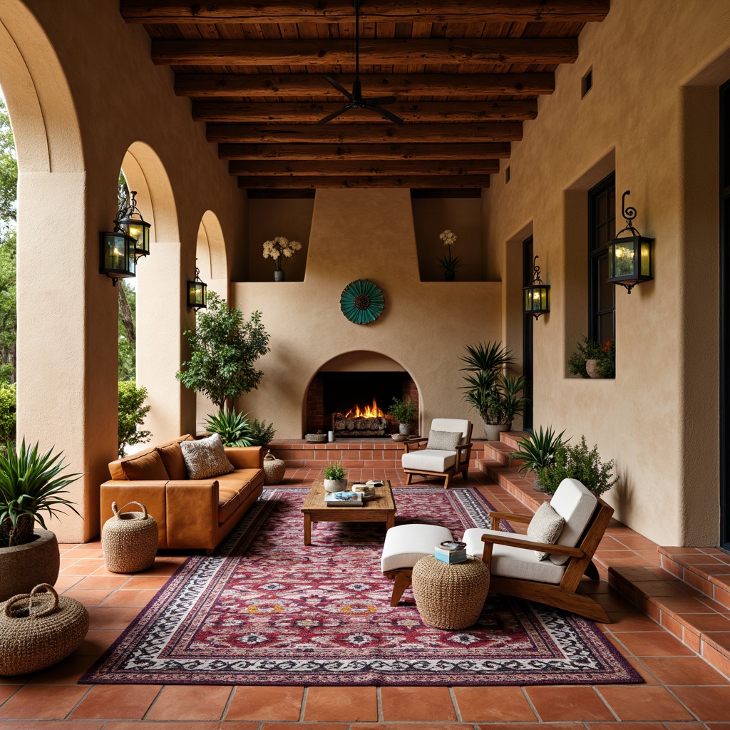 Prompt: Vibrant southwestern patterned rugs, warm terracotta flooring, rustic wooden accents, woven basket-inspired lighting fixtures, turquoise glass decorative elements, stucco walls, natural stone fireplaces, earthy tone leather furniture, bold geometric prints, woven textiles, distressed wood ceiling beams, pendant lanterns with metal filigree details, lush greenery, ambient warm lighting, shallow depth of field, 1/2 composition, realistic textures, atmospheric rendering.