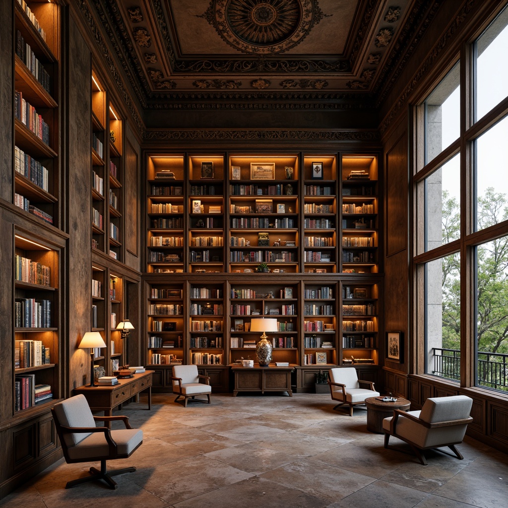 Prompt: Elegant bookshelves, ornate wooden frames, rich leather-bound books, classic literary works, vintage reading lamps, comfortable armchairs, soft warm lighting, high ceiling, large windows, natural stone floors, intricate moldings, neoclassical architecture, sophisticated color palette, subtle textures, shallow depth of field, 1/2 composition, realistic renderings, ambient occlusion.