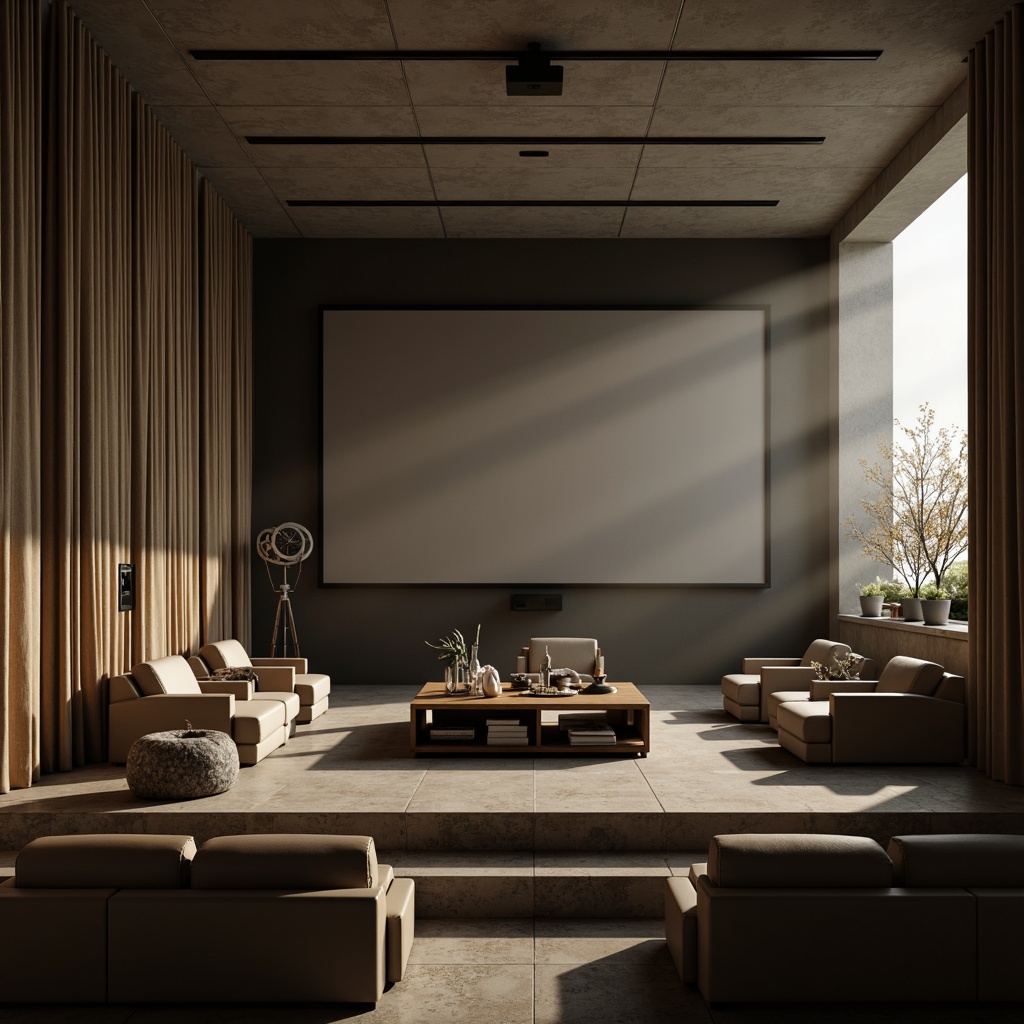 Prompt: Monochromatic cinema interior, minimalist decor, smooth concrete walls, sleek metal accents, rich wood textures, velvet curtains, soft cushioned seats, subtle ambient lighting, cinematic screens, projector beams, film reel details, retro camera equipment, vintage microphone props, distressed leather upholstery, warm beige tones, atmospheric smoke effects, shallow depth of field, 1/1 composition, realistic renderings, subtle grain texture.