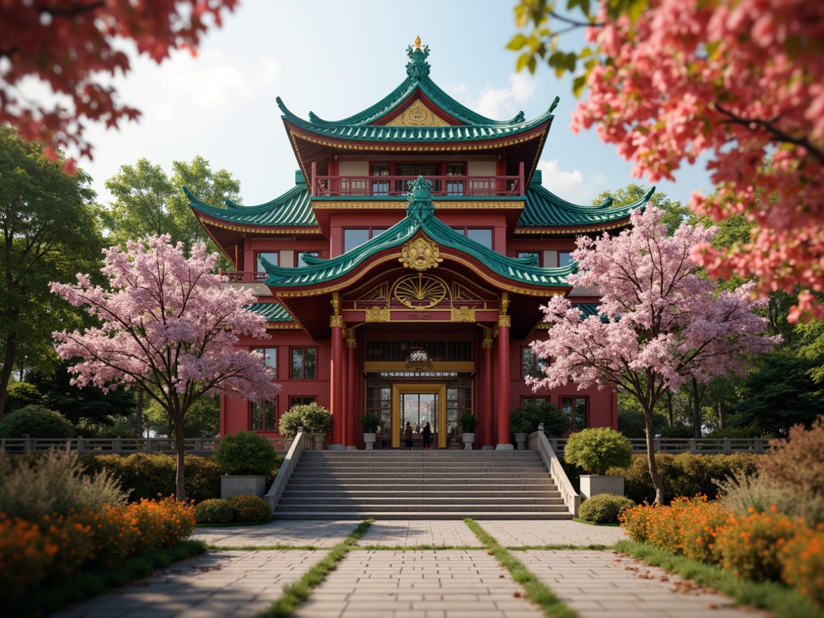 Prompt: Traditional Asian-style church, ornate carvings, golden accents, crimson red walls, vibrant turquoise roofs, intricate wooden patterns, serene natural surroundings, lush greenery, blooming cherry blossoms, soft warm lighting, shallow depth of field, 1/2 composition, realistic textures, ambient occlusion, peaceful atmosphere.