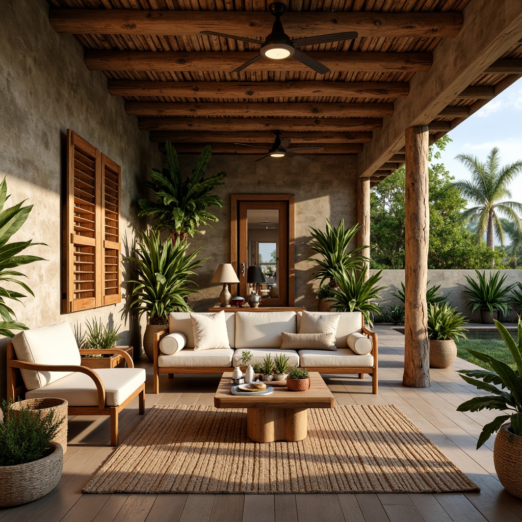 Prompt: Rustic tropical farmhouse, reclaimed wood accents, natural stone walls, earthy color palette, woven rattan furniture, linen upholstery, jute rug, potted plants, lush greenery, bamboo ceiling fans, wooden shutters, corrugated metal roofing, distressed finishes, warm golden lighting, soft focus, shallow depth of field, 1/1 composition, realistic textures, ambient occlusion.