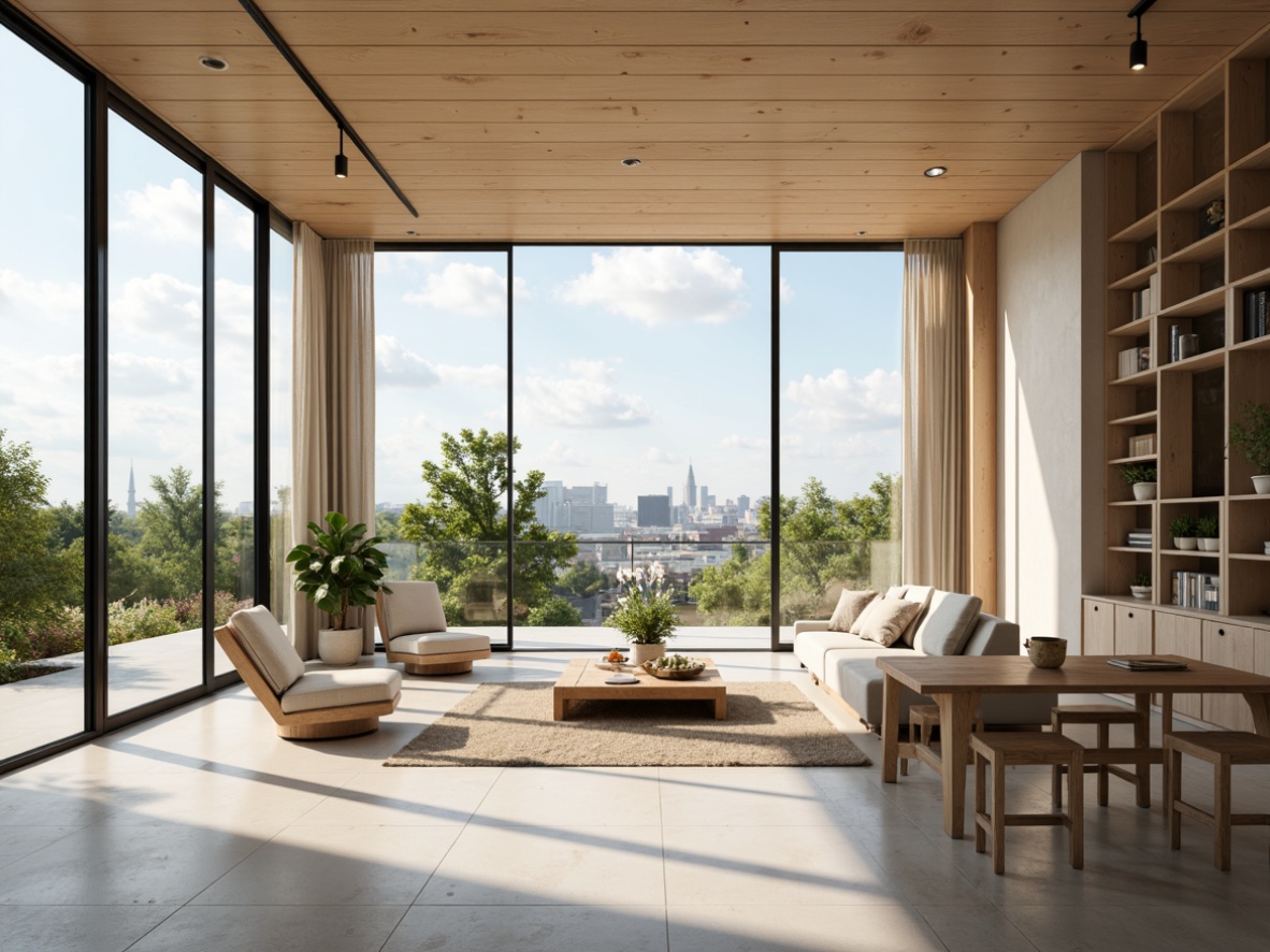 Prompt: Light-filled open space, minimalist Scandinavian interior, pale wood accents, sleek lines, functional furniture, cozy textiles, natural materials, airy atmosphere, floor-to-ceiling windows, sliding glass doors, lush greenery, urban skyline views, soft warm lighting, shallow depth of field, 1/1 composition, realistic textures, ambient occlusion.