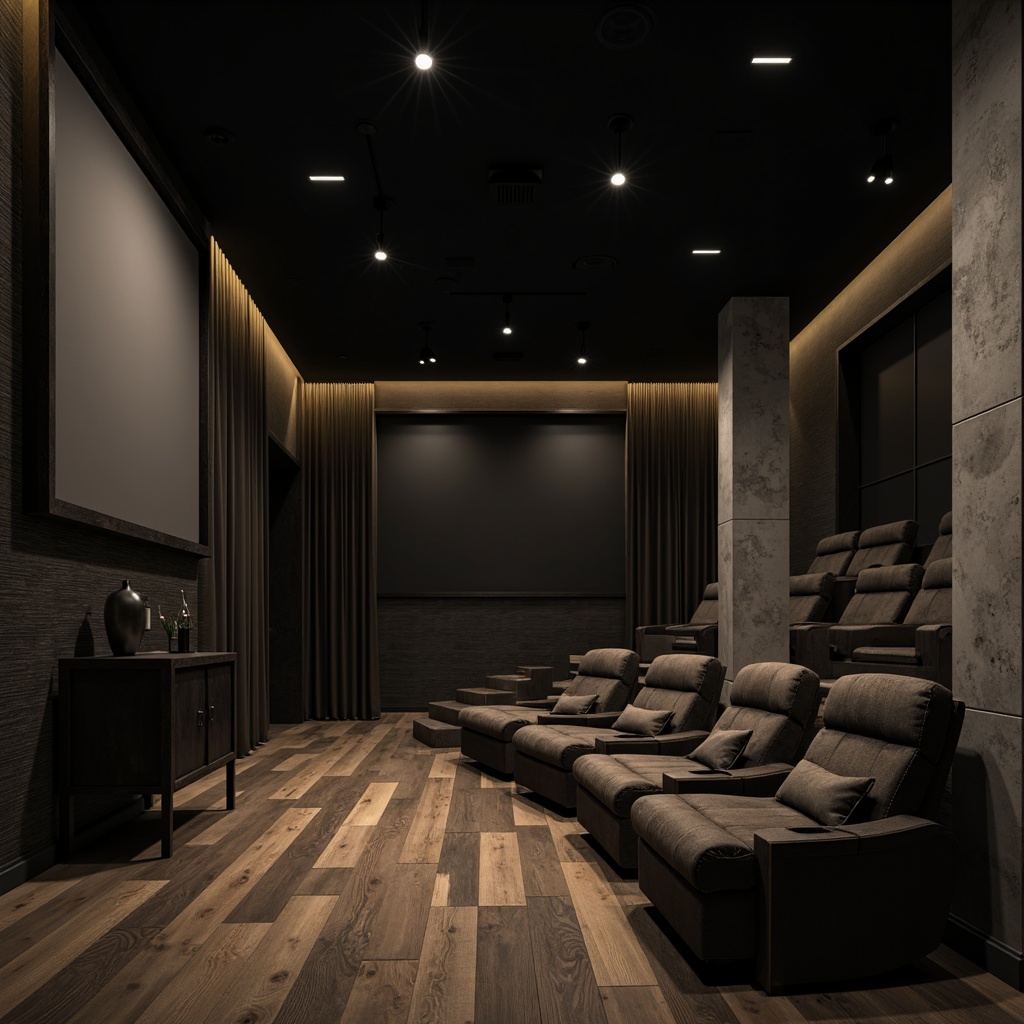 Prompt: Monochromatic cinema interior, minimalist decor, sleek wooden floors, smooth stone walls, matte black surfaces, subtle texture variations, soft ambient lighting, cinematic screens, plush velvet seats, industrial metal accents, weathered concrete columns, abstract geometric patterns, low-poly 3D models, atmospheric fog effects, shallow depth of field, 1/1 composition, film noir-inspired color palette, warm golden lighting, realistic fabric simulations.