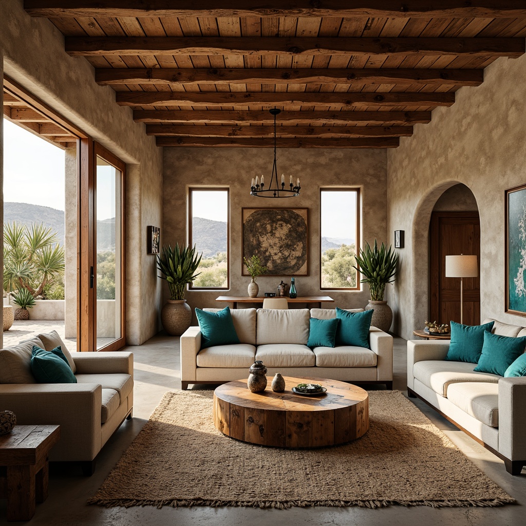 Prompt: Rustic living room, earthy tone palette, natural stone walls, wooden beam ceilings, vibrant turquoise accents, plush sectional sofas, woven wool rugs, reclaimed wood coffee tables, wrought iron lighting fixtures, cactus plants, desert landscape views, warm golden lighting, shallow depth of field, 2/3 composition, cozy atmosphere, textured fabrics, handcrafted decorative elements.