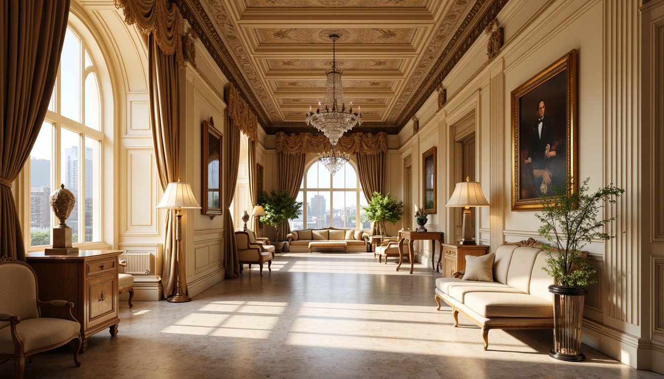 Prompt: Elegant neoclassical interior, rich wood paneling, ornate moldings, intricate carvings, creamy marble floors, stately columns, refined furniture silhouettes, luxurious velvet fabrics, soft gold accents, subtle cream tones, warm beige backgrounds, delicate lace patterns, crystal chandeliers, classic oil paintings, dramatic curtain draping, ornamental mirrors, grand archways, soft natural light, warm afternoon glow, shallow depth of field, 1/2 composition.