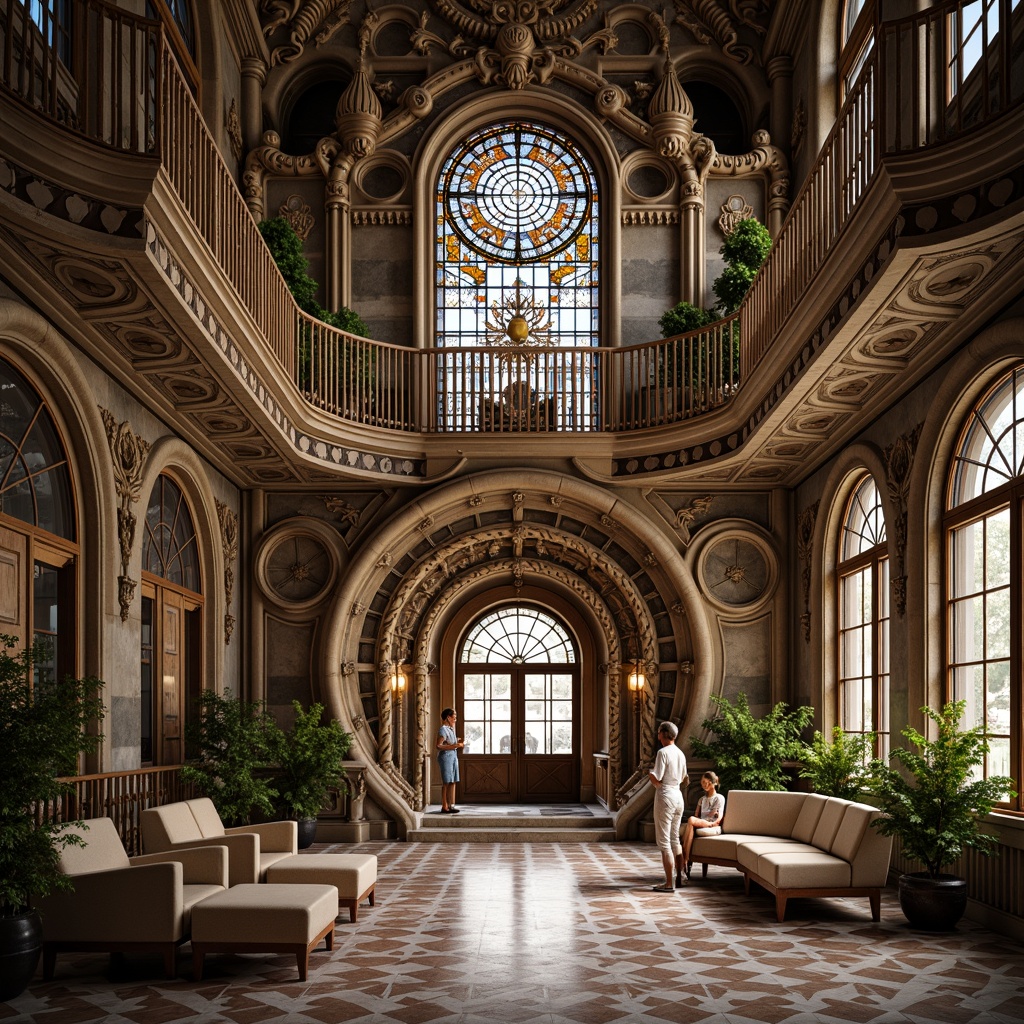 Prompt: Intricate ornate buildings, flowing curved lines, organic forms, botanical motifs, sinuous ironwork, grand entranceways, stained glass windows, luxurious materials, marble floors, ornate furnishings, vintage charm, warm soft lighting, shallow depth of field, 1/2 composition, intimate atmosphere, realistic textures, ambient occlusion.