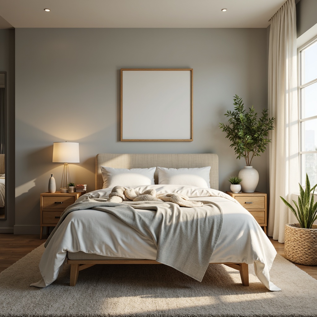 Prompt: Cozy bedroom, soft pastel hues, calming atmosphere, plush carpets, comfortable bedding, warm lighting, relaxing ambiance, gentle color transitions, soothing blue tones, creamy white shades, earthy brown accents, natural wood furniture, elegant minimalism, subtle texture contrasts, peaceful retreat, serene escape, 1/1 composition, intimate close-up shots, soft focus blur, warm golden lighting.