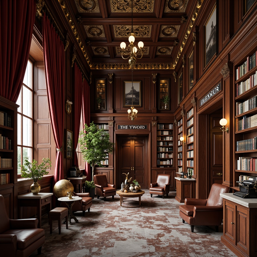 Prompt: Elegant bookshelves, ornate wooden carvings, luxurious velvet drapes, golden lanterns, rich leather armchairs, polished marble floors, intricate moldings, warm soft lighting, classic literary masterpieces, vintage typewriters, antique globes, worn leather-bound books, comfortable reading nooks, subtle coffee aromas, soothing instrumental music, 1/1 composition, shallow depth of field, realistic textures, ambient occlusion.