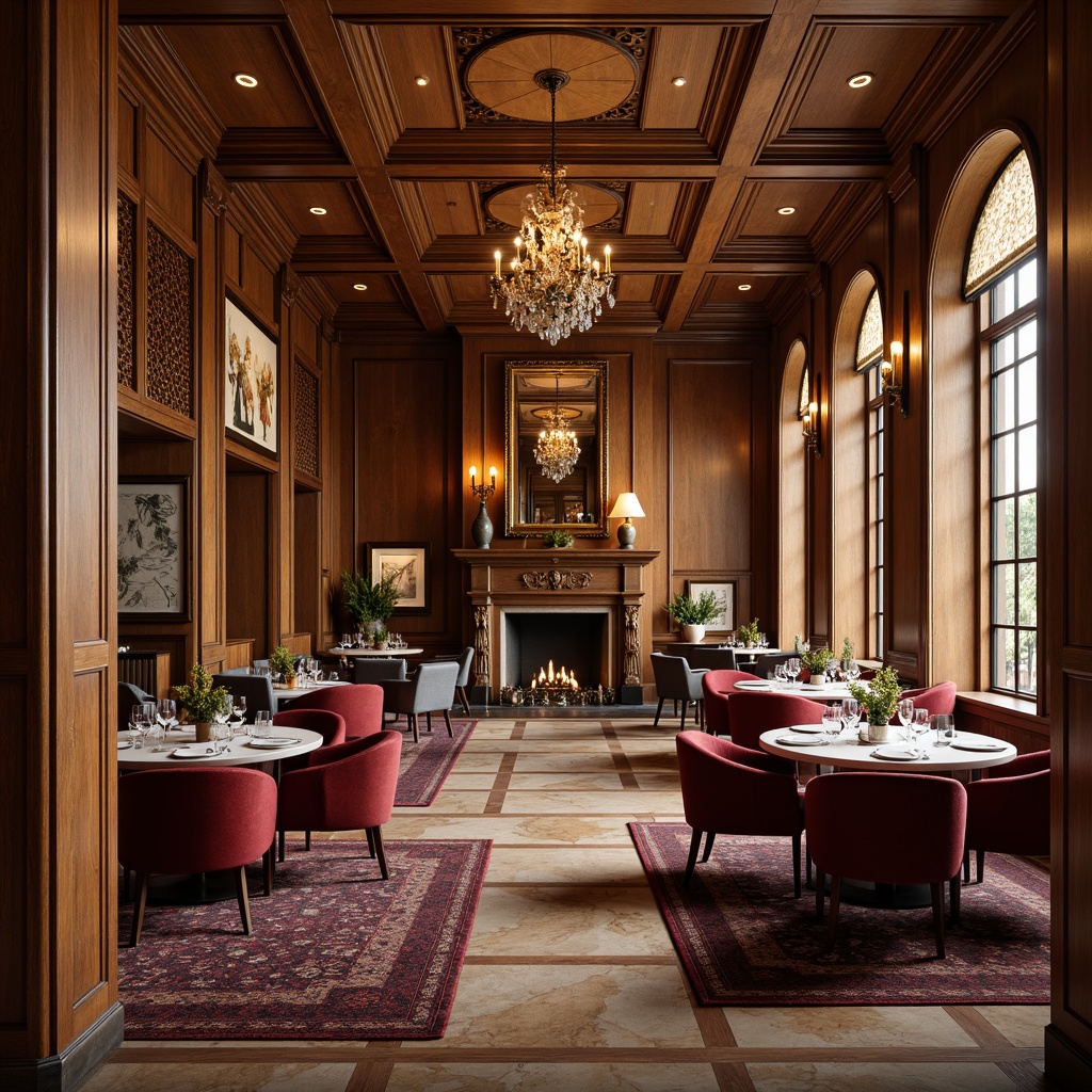 Prompt: Elegant dining hall, rich wood grain texture, luxurious velvet upholstery, refined marble flooring, ornate metalwork details, warm ambient lighting, cozy fireplace, plush area rugs, sophisticated wall paneling, lavish crystal chandeliers, soft diffused natural light, 1/1 composition, shallow depth of field, realistic reflections.