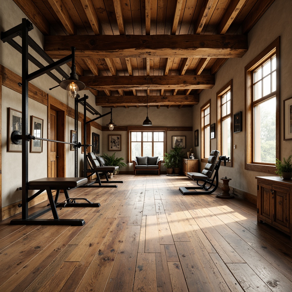 Prompt: Traditional home gym, wooden flooring, warm beige tones, rich walnut finish, classic athletic equipment, vintage-inspired weightlifting machines, distressed wood accents, rustic metal beams, soft natural lighting, earthy color palette, serene atmosphere, 1/1 composition, shallow depth of field, realistic textures.