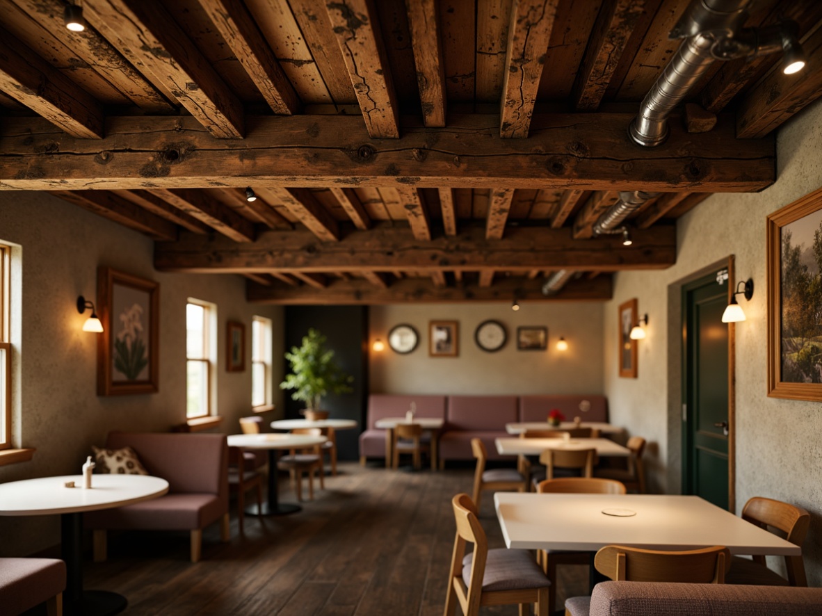 Prompt: Rustic wooden ceiling beams, distressed textures, warm earthy tones, natural materials, cozy atmosphere, traditional architectural style, exposed ductwork, industrial chic decor, reclaimed wood accents, vintage metal fixtures, soft warm lighting, shallow depth of field, 1/1 composition, intimate interior spaces, character-filled detailing.