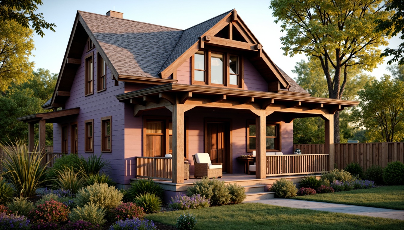 Prompt: Vintage craftsman style house, mauve-colored exterior, earthy tones, natural wood accents, ornate trims, rustic metal fixtures, warm golden lighting, cozy porch, wicker furniture, potted plants, lush greenery, blooming flowers, soft focus, shallow depth of field, 1/2 composition, warm sunny day, realistic textures, ambient occlusion.