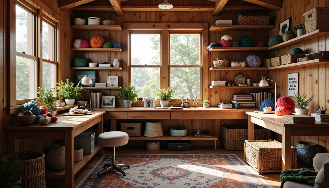 Prompt: Cozy craft room, warm natural light, wooden worktables, eclectic textile collections, vibrant yarn balls, colorful fabric scraps, woven baskets, plush throw blankets, soft cushioned chairs, rustic wood shelves, decorative rug patterns, earthy tone walls, creative inspirational quotes, task lamps, organized storage bins, ergonomic desk stools, gentle ambient lighting, shallow depth of field, 1/1 composition, realistic textures.