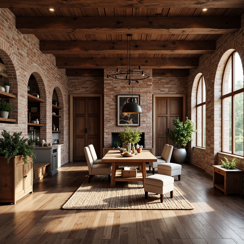 Prompt: Rustic wooden planks, distressed textures, earthy tones, vintage metal accents, reclaimed wood, natural stone walls, brick red hues, country-inspired decor, farmhouse chic, shiplap paneling, exposed beams, wooden ceiling, pendant lighting, soft warm glow, cozy atmosphere, 1/1 composition, realistic render, ambient occlusion.