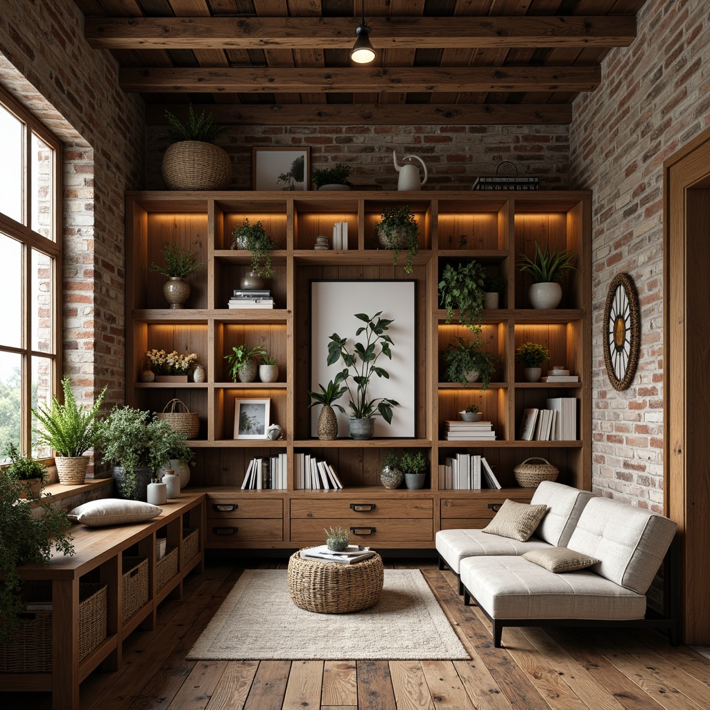 Prompt: Rustic farmhouse, open shelving units, wooden planks, vintage decorative items, distressed finishes, earthy color palette, natural textiles, woven baskets, potted greenery, industrial metal lighting, reclaimed wood accents, brick walls, exposed beams, cozy reading nooks, soft warm lighting, shallow depth of field, 1/1 composition, realistic textures, ambient occlusion.