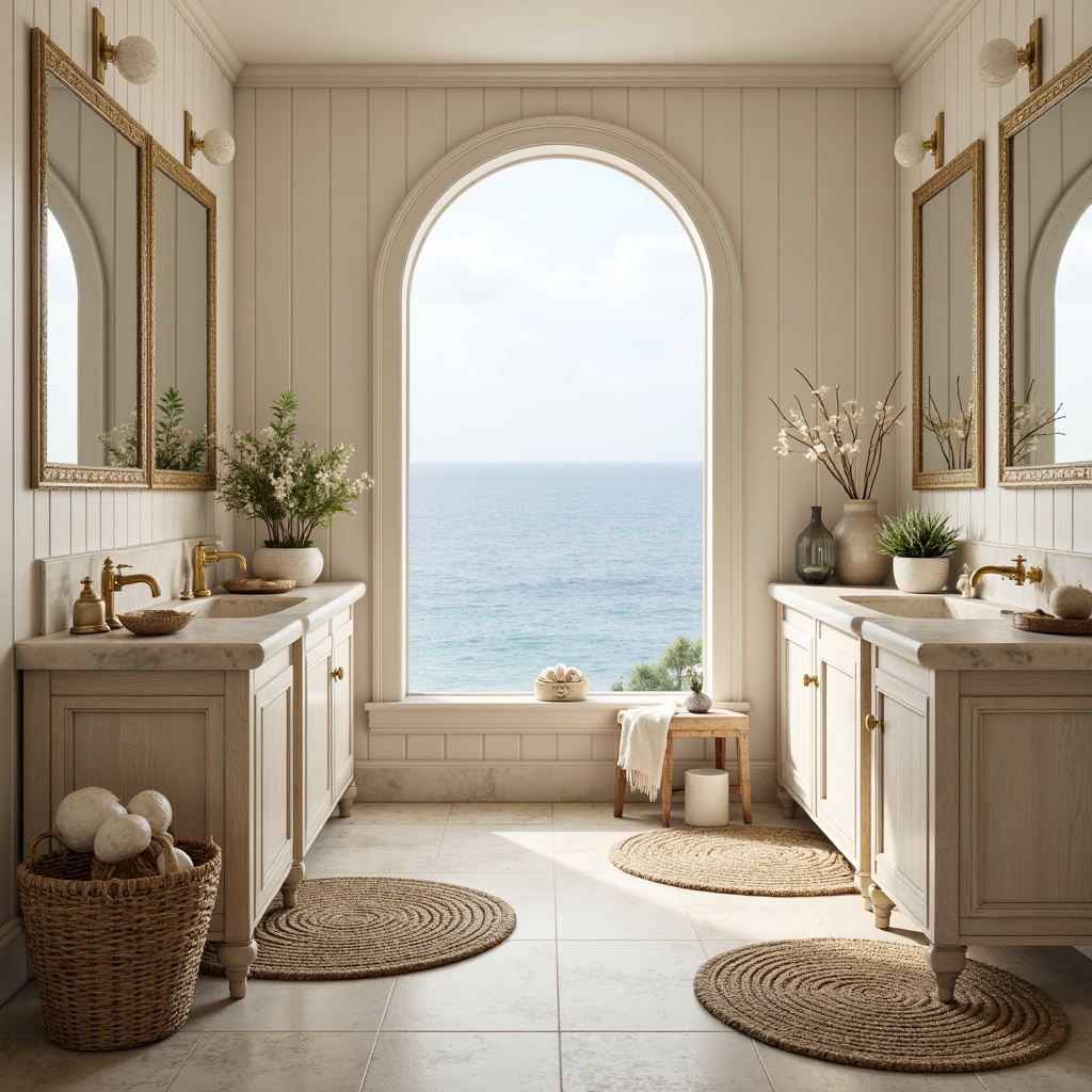 Prompt: Soft, creamy powder room, elegant vanity stations, ornate gold fixtures, distressed wood cabinetry, white shiplap walls, calming ocean views, natural woven fibers, jute rugs, woven sea grass baskets, driftwood decorative accents, glass shell chandeliers, frosted glass mirrors, spa-like ambiance, warm beige tones, soft focus lighting, 1/1 composition, relaxed, serene atmosphere.