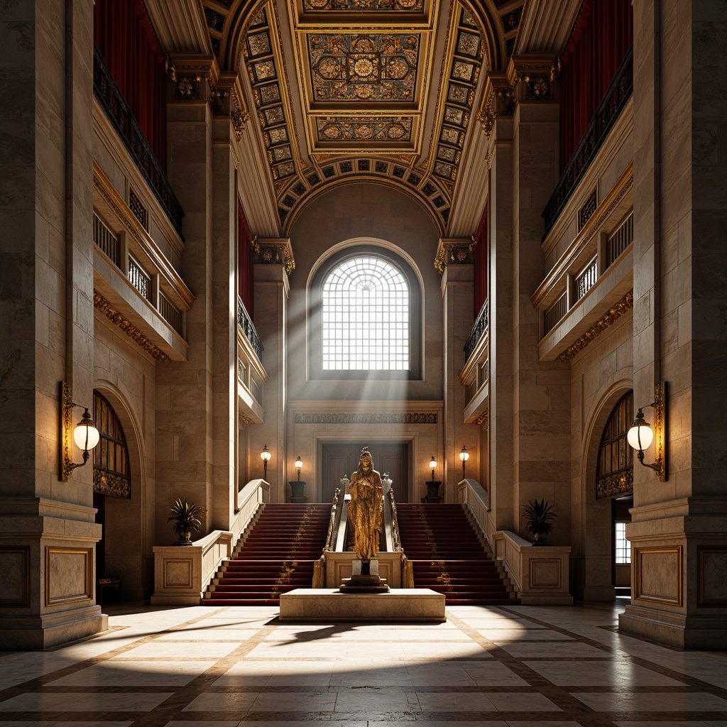 Prompt: Majestic temple, imposing columns, ornate capitals, intricately carved architraves, grand entrance, sweeping staircases, vaulted ceilings, stained glass windows, richly patterned marble floors, luxurious velvet drapes, golden accents, solemn atmosphere, soft warm lighting, dramatic shadows, high contrast ratio, 1/2 composition, symmetrical framing, detailed textures, realistic ambient occlusion.