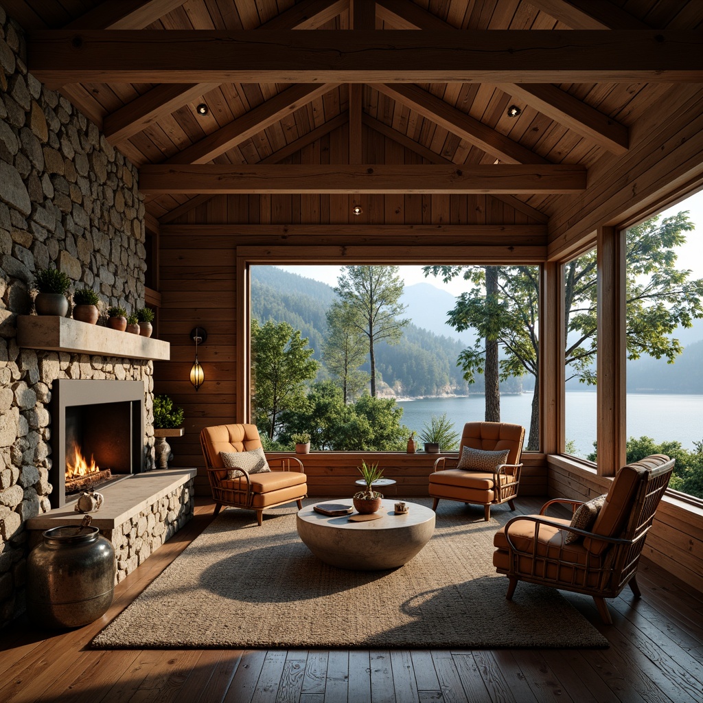 Prompt: Rustic cabin, natural stone walls, wooden beams, reclaimed wood floors, earthy color palette, organic textures, woven rattan furniture, plush velvet upholstery, vintage metal accents, candlelight ambiance, warm cozy atmosphere, surrounded by lush forest, misty mountains, serene lake views, soft morning light, shallow depth of field, 1/1 composition, realistic renderings, ambient occlusion.