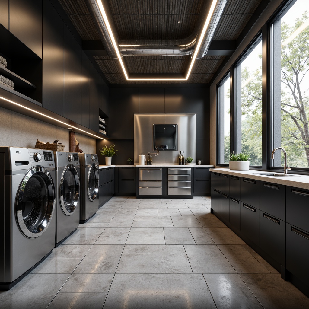 Prompt: Modern laundry room, sleek appliances, stainless steel finish, LED lighting, minimalist design, floor-to-ceiling windows, natural stone flooring, soft warm lighting, 3/4 composition, panoramic view, realistic textures, ambient occlusion, high-tech washing machines, advanced drying systems, touch-screen controls, WiFi connectivity, smartphone app integration, chrome accents, geometric patterns, bold color schemes, urban loft atmosphere, industrial-chic decor.