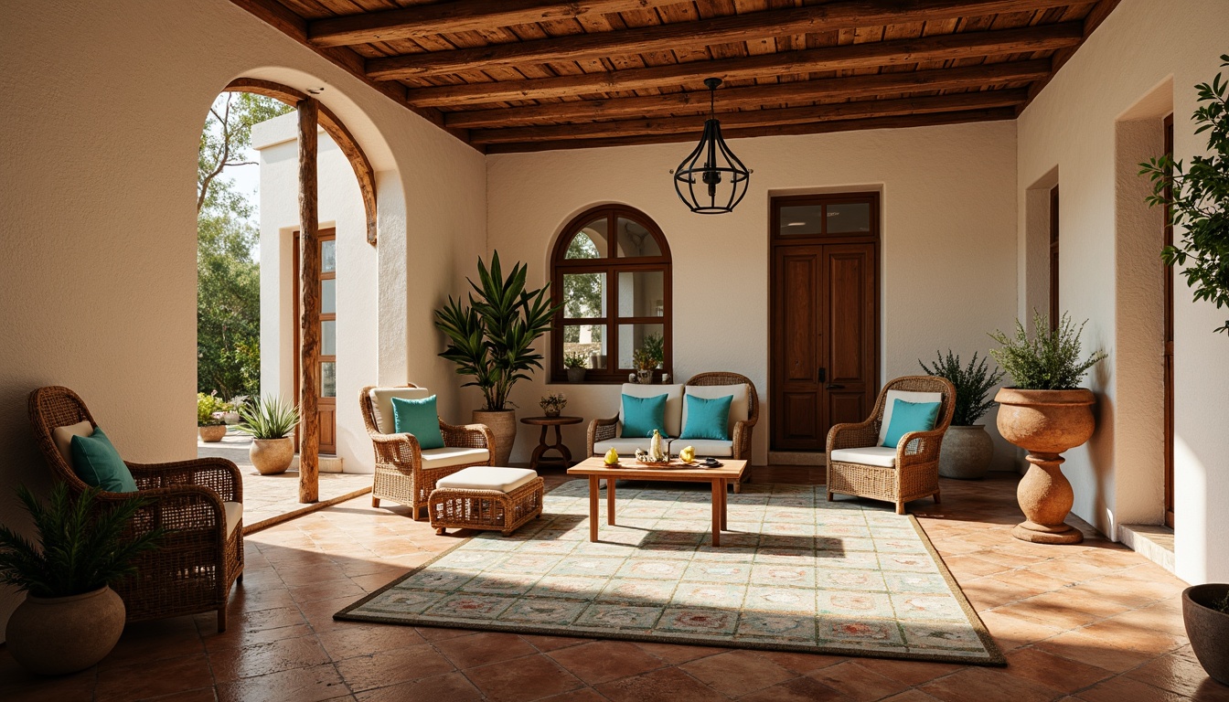 Prompt: Warm Mediterranean villa, rustic stone walls, distressed wooden beams, earthy terracotta floors, woven wicker furniture, natural linen upholstery, vibrant turquoise accents, ornate Moroccan tiles, intricate geometric patterns, lush greenery, potted plants, soft warm lighting, shallow depth of field, 3/4 composition, realistic textures, ambient occlusion.