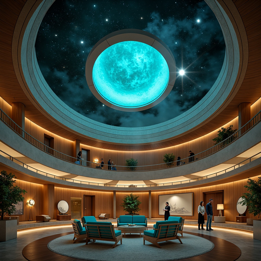 Prompt: Celestial planetarium interior, mid-century modern design, deep blues, rich wood tones, warm beige accents, vibrant turquoise, starry night sky, spherical domed ceiling, minimal ornamentation, sleek lines, retro-futuristic furniture, geometric patterns, metallic accents, ambient soft lighting, atmospheric misting effects, 3/4 composition, shallow depth of field, realistic textures.