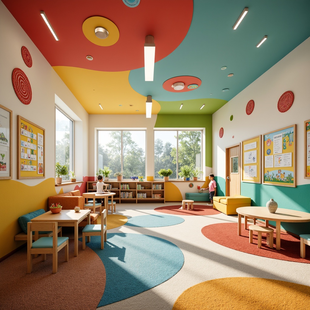 Prompt: Vibrant kindergarten interior, bright color accents, playful wall decals, cheerful furniture, rounded corners, soft cushions, educational posters, interactive display boards, cozy reading nooks, warm carpeted floors, natural wood tables, child-sized chairs, stimulating lighting fixtures, circular shapes, whimsical patterns, gentle curves, inviting atmosphere, calm background colors, energetic pops of color, engaging textures, 3/4 composition, shallow depth of field, panoramic view, realistic renderings.