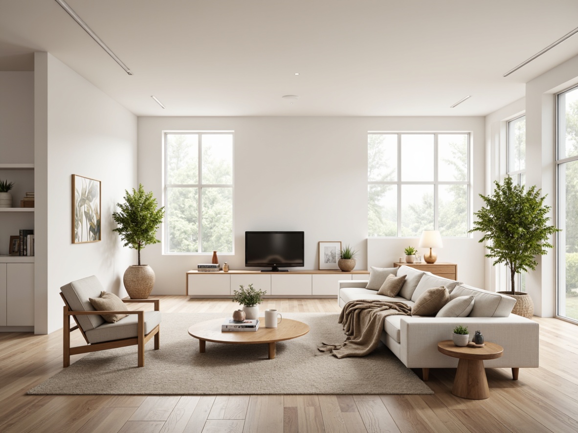 Prompt: Minimalist living room, light-filled open space, floor-to-ceiling windows, natural wood accents, soft beige tones, cozy throw blankets, modern Scandinavian furniture, sleek lines, functional design, plenty of negative space, airy atmosphere, calming ambiance, warm candlelight, subtle texture variations, organic shapes, effortless elegance, bright white walls, sparse decoration, harmonious color palette, serene ambiance, 3/4 composition, shallow depth of field, softbox lighting.