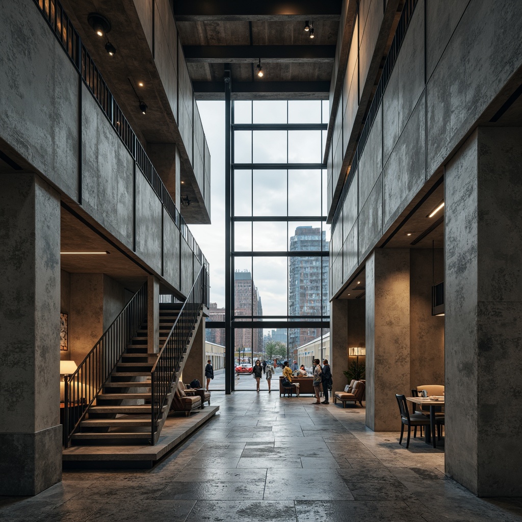 Prompt: Rough-hewn concrete walls, brutalist architecture, industrial textures, raw steel beams, exposed ductwork, functional pipes, minimalist decor, institutional atmosphere, cold harsh lighting, high-contrast shadows, dramatic angular lines, monumental scale, urban context, cityscape backdrop, overcast sky, muted color palette, rough stone floors, metal grating stairs, utilitarian furniture, distressed finishes, industrial materials, abstract geometric patterns.