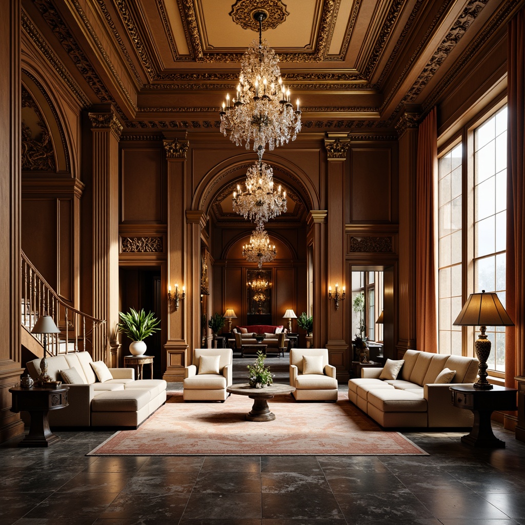 Prompt: Luxurious living room, ornate moldings, intricately carved wooden panels, gilded accents, rich velvet fabrics, crystal chandeliers, marble floors, opulent furnishings, neoclassical architecture, grand staircase, high ceilings, dramatic lighting, warm golden tones, soft focus, shallow depth of field, 1/1 composition, realistic textures, ambient occlusion.